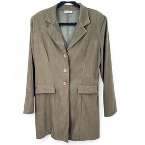 Vintage Celine | M | Blazer Jacket Micro Suede Womens Thigh Length Olive Green